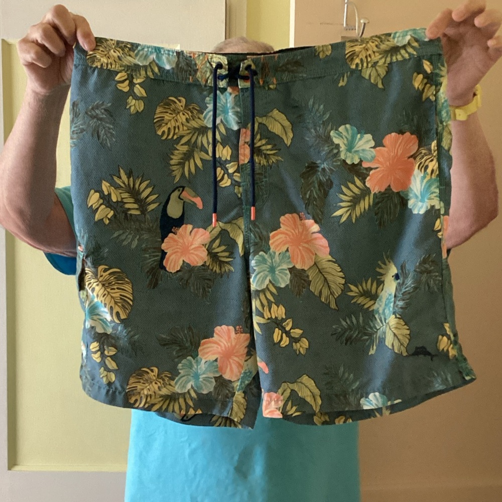 Tommy Bahama Teal Tropical Swim Shorts with Coral & Yellow Accents